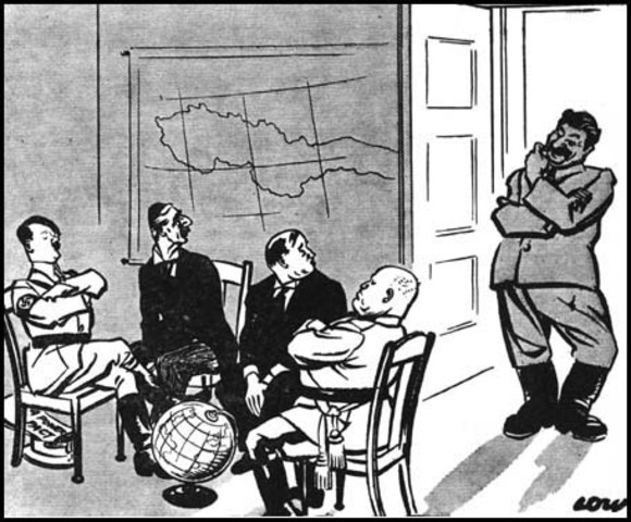 La caricatura muestra a un Stalin ofendido por su exclusión del Pacto de Munich