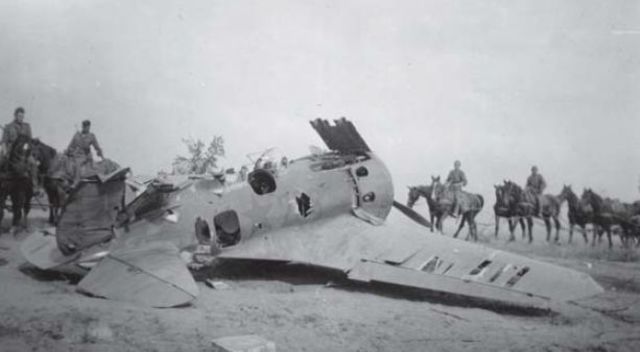 Unidad de caballería alemana junto a un caza soviético I-16 derribado