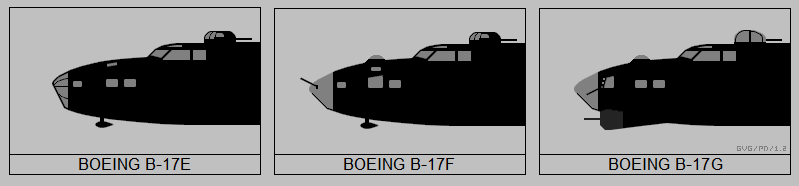 Las diferentes evoluciones del B-17, en este caso se muestra el morro del mismo en sus versiones E a la G