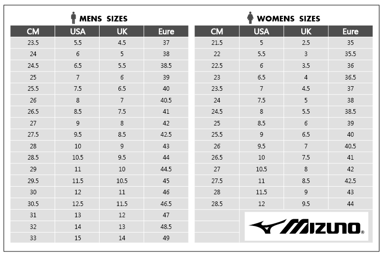Mizuno Shoe Size Chart