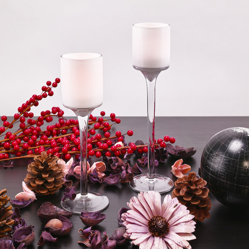 Bring home a simple, yet elegant winter glass accent: frosted stem glass candle holders