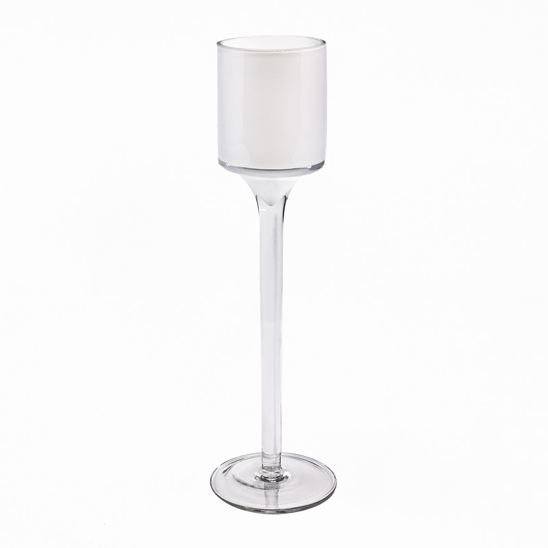 An elegant 9 inch tall stemmed glass candle holder with frosted white cup